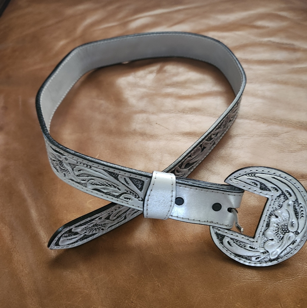 Leather Metallic Silver and Black Embossed Belt